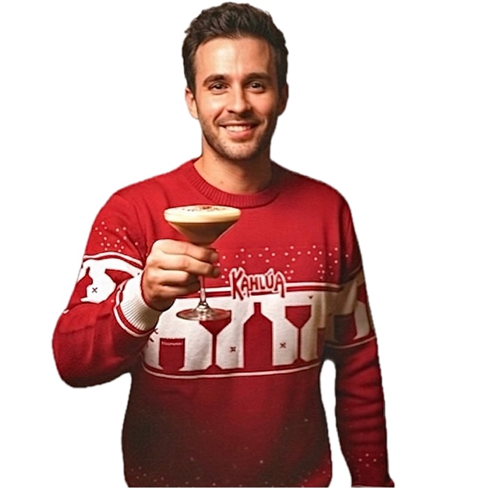 Kahlúa Holiday "Ugly" Sweater logo bottle glasses festive red white XL LIKE NEW